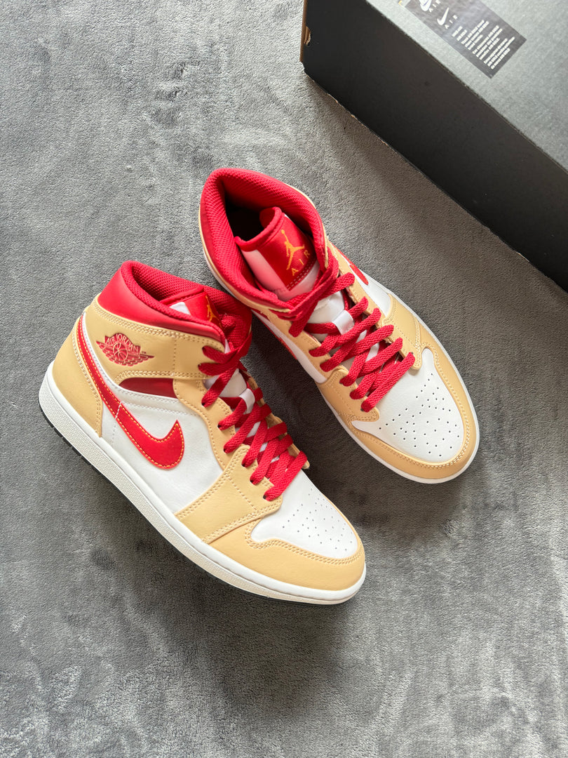 (42) Air Jordan 1 Mid Light Curry Cardinal Shoes