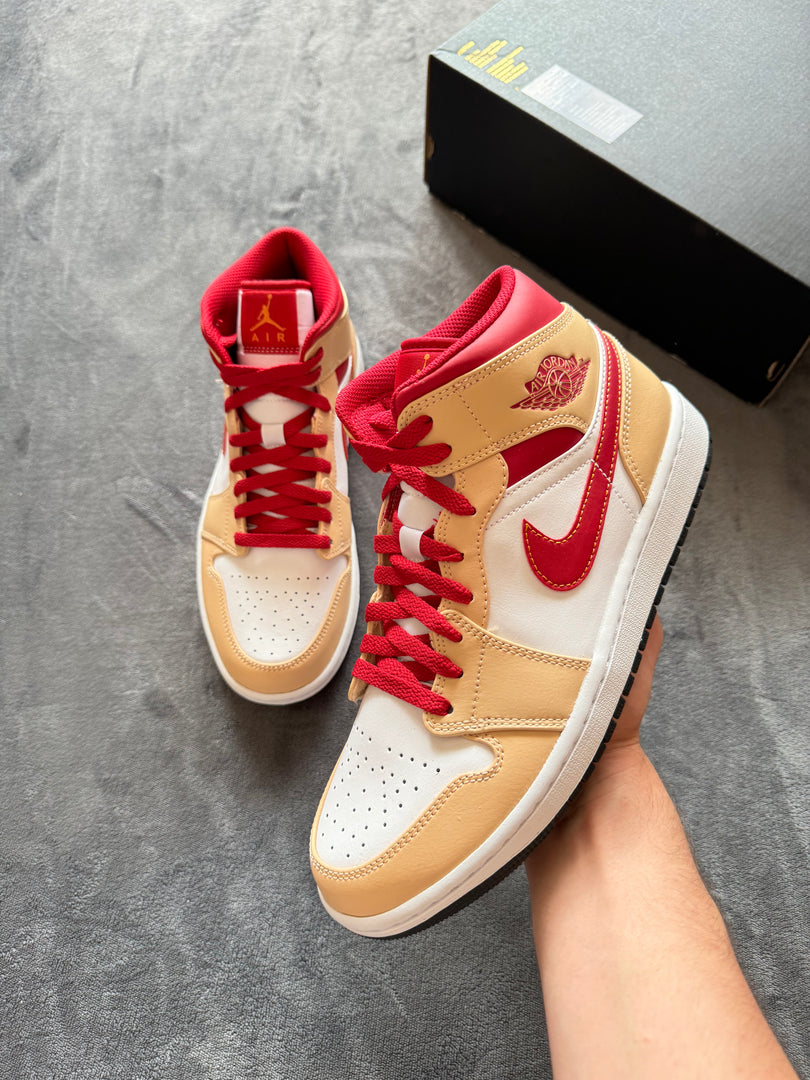 (42) Air Jordan 1 Mid Light Curry Cardinal Shoes