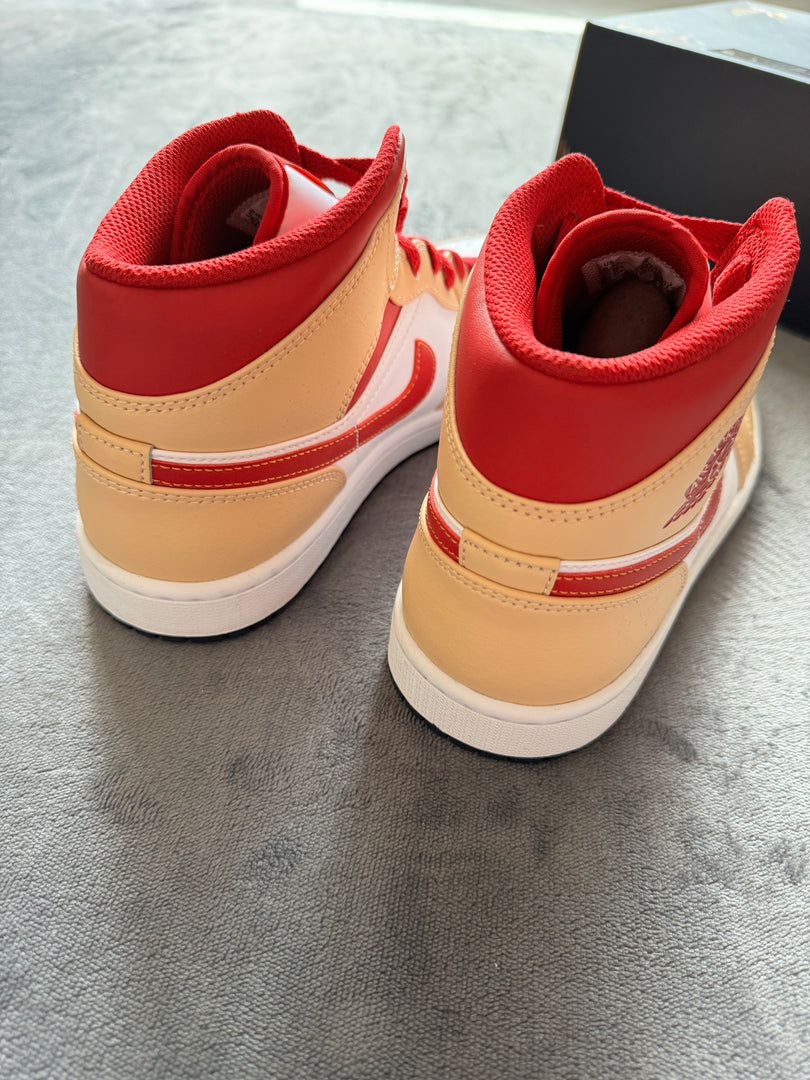 (42) Air Jordan 1 Mid Light Curry Cardinal Shoes