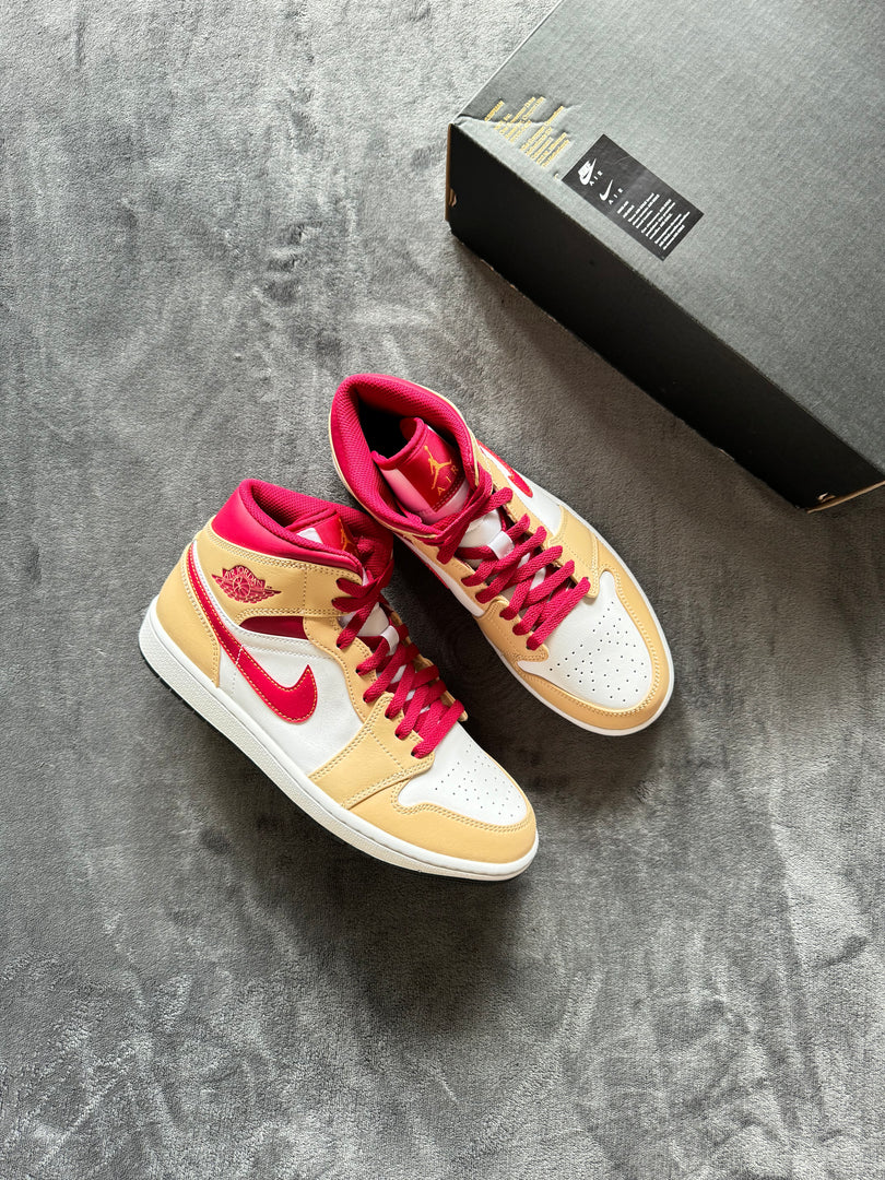 (42) Air Jordan 1 Mid Light Curry Cardinal Shoes