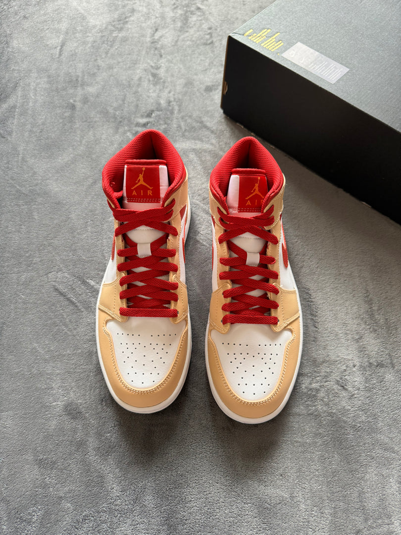 (42) Air Jordan 1 Mid Light Curry Cardinal Shoes